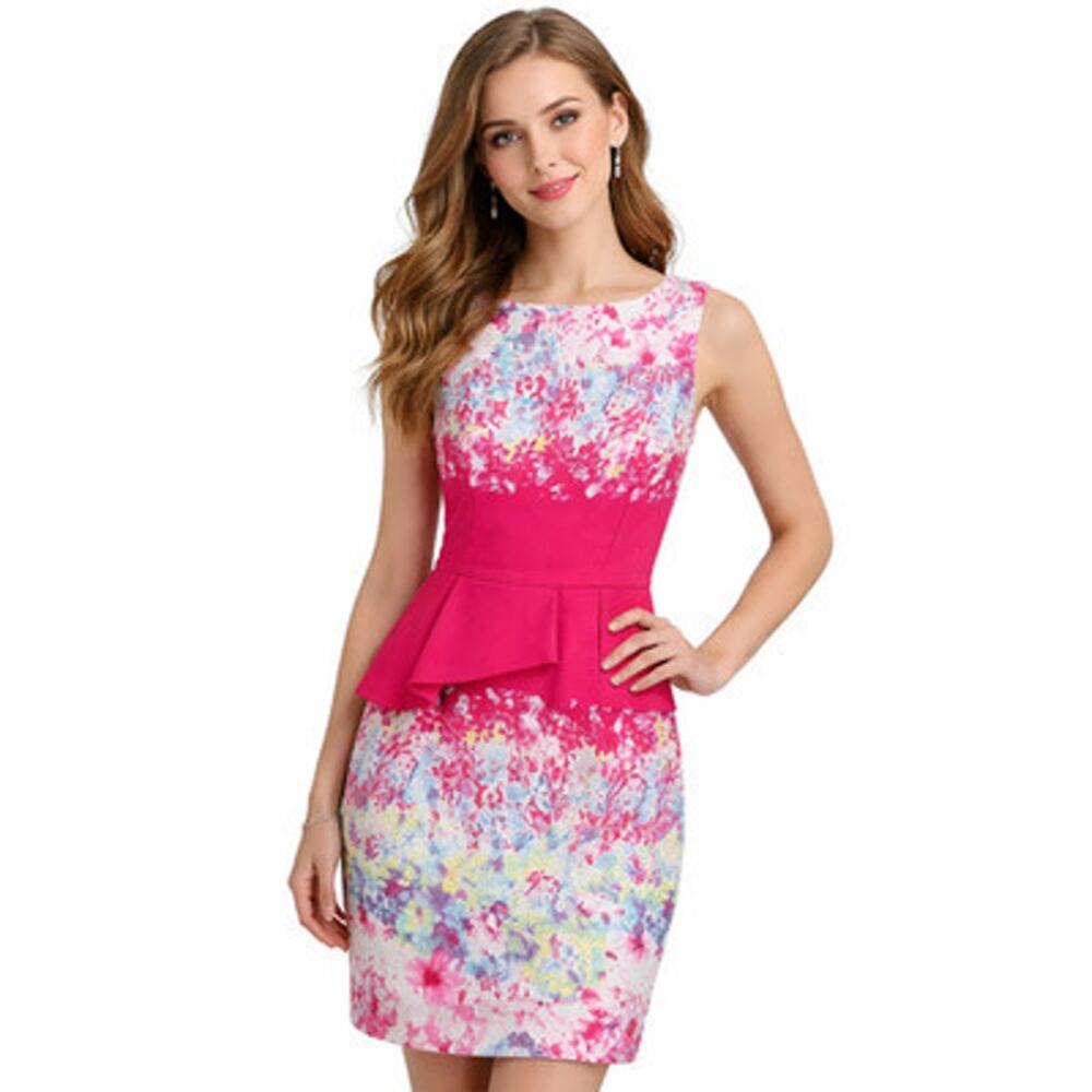 Antonio Melani Peplum Sleeveless Shift Dress Size 10 Pink White Floral Lined